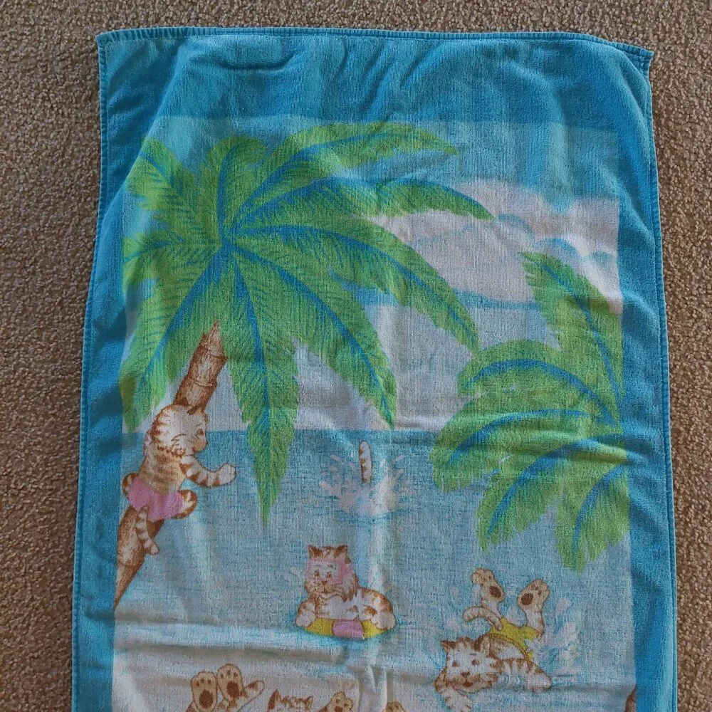 Vintage Hiltex Playful Cats Kittens Tropical Ocean Cotton Beach Towel El Salvado